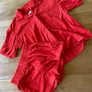 Red Button-Up Shirt and Shorts Set